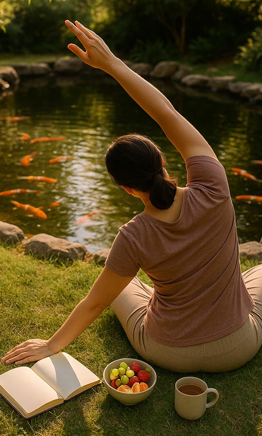 A person outdoors, looking healthy and happy, representing wellness.